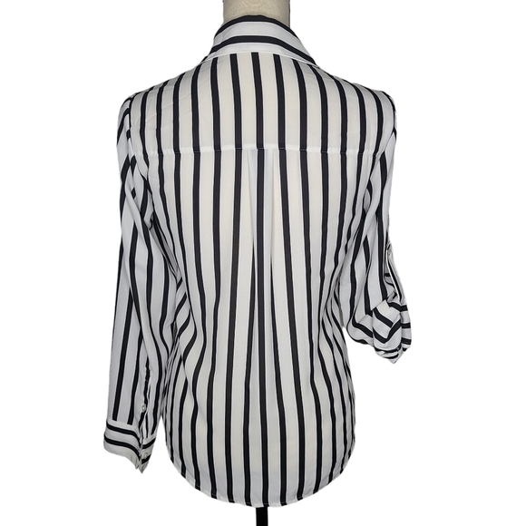 Express White and Black Striped Roll Tab Sleeve Button Front Blouse - Picture 6 of 7